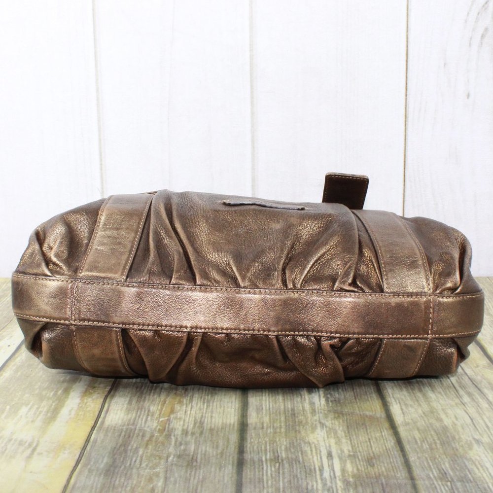 Cole Haan Gold Brown Leather Brass Buckle Double Handles Tote Shoulder Bag - Picture 6 of 12